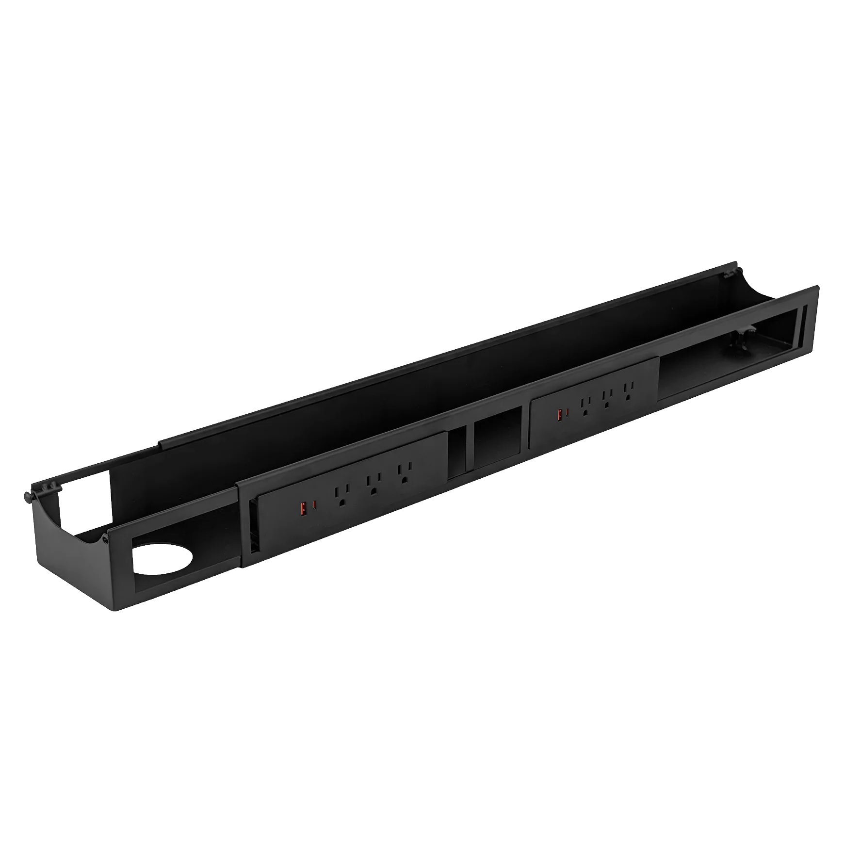 Integrated cable and power channel with 3-outlet power module for commercial desk installations