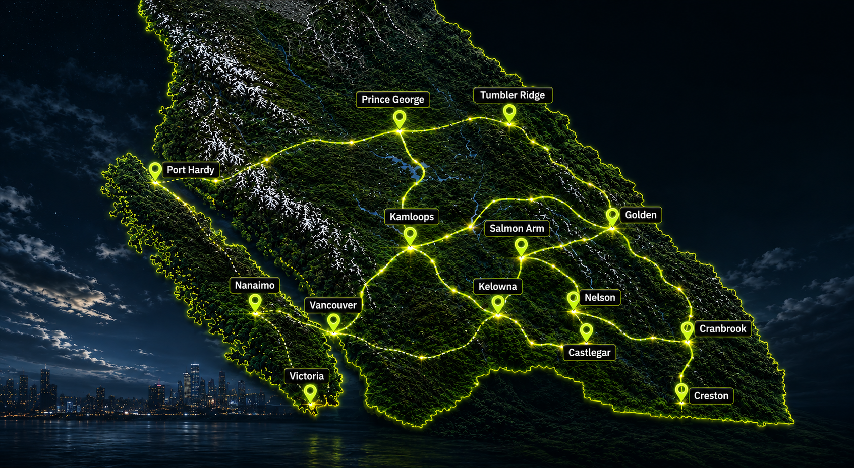 Map of British Columbia showing RM Workspace Solutions service coverage areas